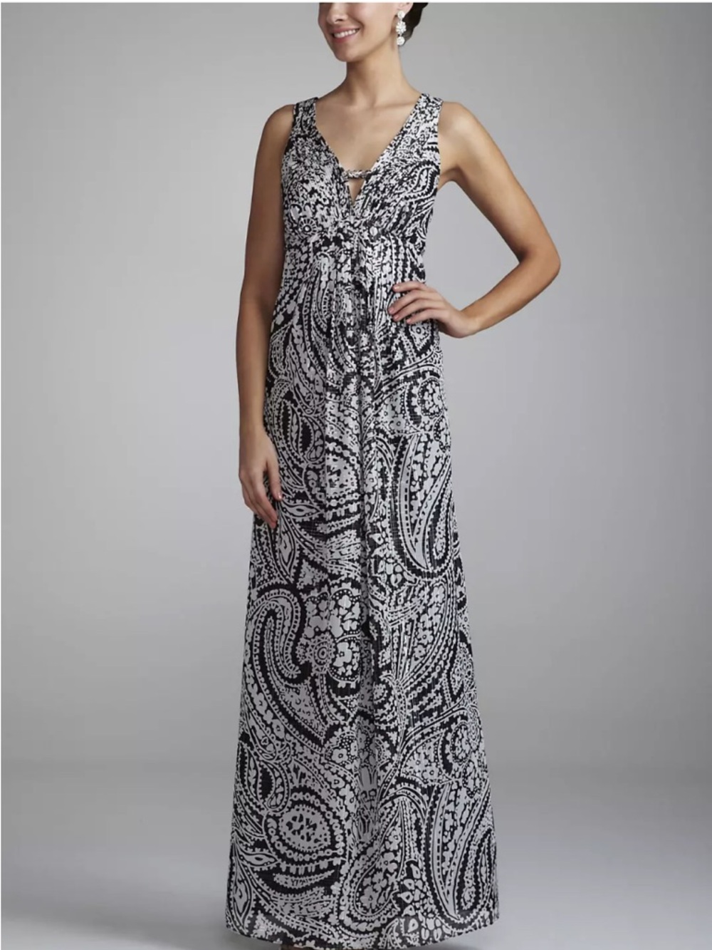 Oleg Cassini Black White Paisley Maxi Dress Pleated Bodice Cutout Back Size 8